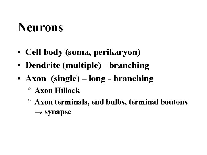 Neurons • Cell body (soma, perikaryon) • Dendrite (multiple) - branching • Axon (single)