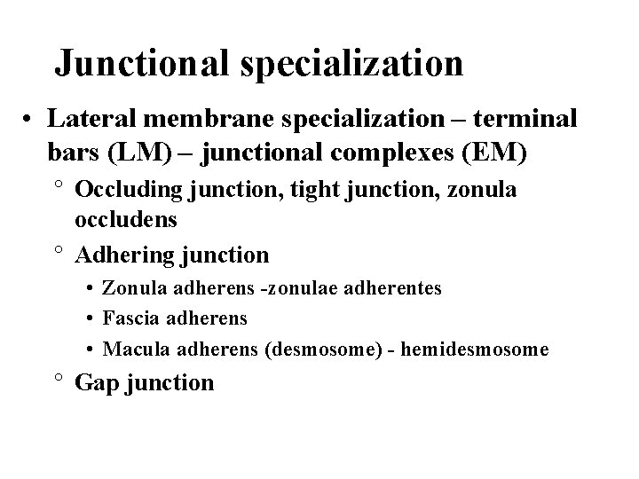 Junctional specialization • Lateral membrane specialization – terminal bars (LM) – junctional complexes (EM)