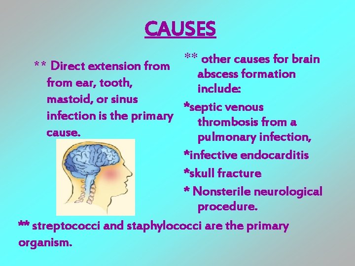 CAUSES ** other causes for brain ** Direct extension from abscess formation from ear,