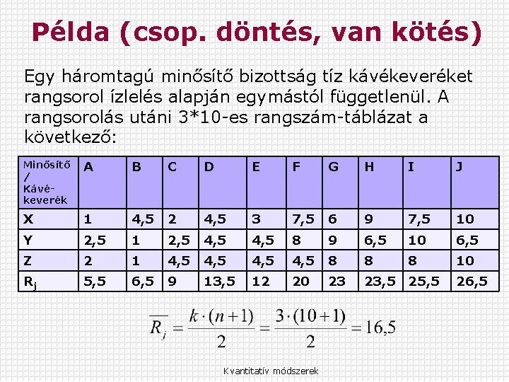 Példa (csop. döntés, van kötés) Egy háromtagú minősítő bizottság tíz kávékeveréket rangsorol ízlelés alapján