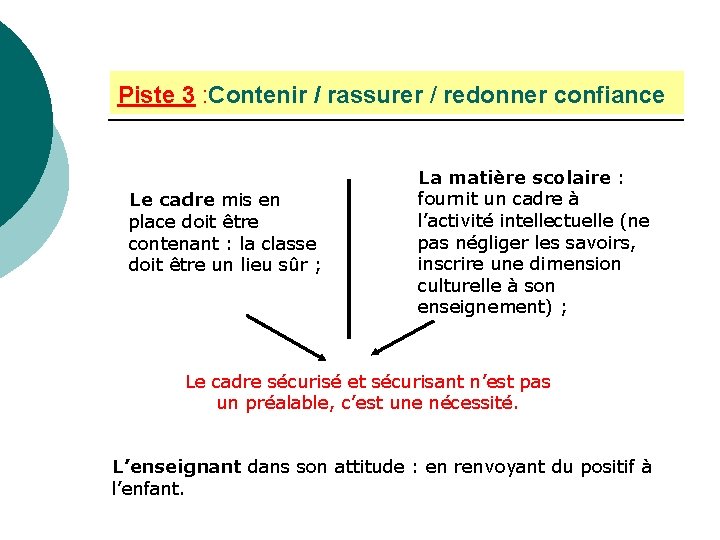 Piste 3 : Contenir / rassurer / redonner confiance Le cadre mis en place