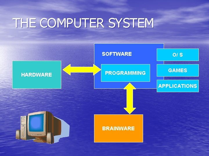 THE COMPUTER SYSTEM SOFTWARE HARDWARE PROGRAMMING O/ S GAMES APPLICATIONS BRAINWARE 