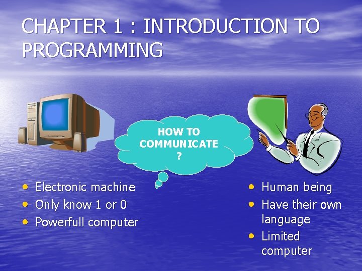 CHAPTER 1 : INTRODUCTION TO PROGRAMMING HOW TO COMMUNICATE ? • Electronic machine •