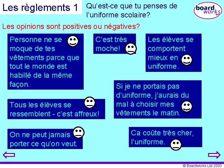 Les règlements 1 Qu’est-ce que tu penses de l’uniforme scolaire? Les opinions sont positives