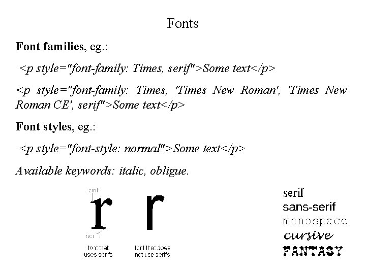 Fonts Font families, eg. : <p style="font-family: Times, serif">Some text</p> <p style="font-family: Times, 'Times