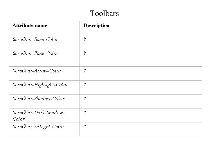 Toolbars Attribute name Description Scrollbar-Base-Color ? Scrollbar-Face-Color ? Scrollbar-Arrow-Color ? Scrollbar-Highlight-Color ? Scrollbar-Shadow-Color ?