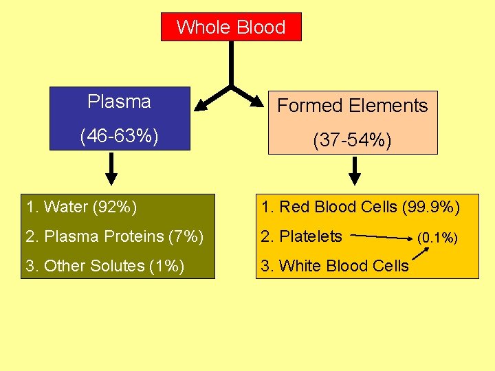 Whole Blood Plasma Formed Elements (46 -63%) (37 -54%) 1. Water (92%) 1. Red