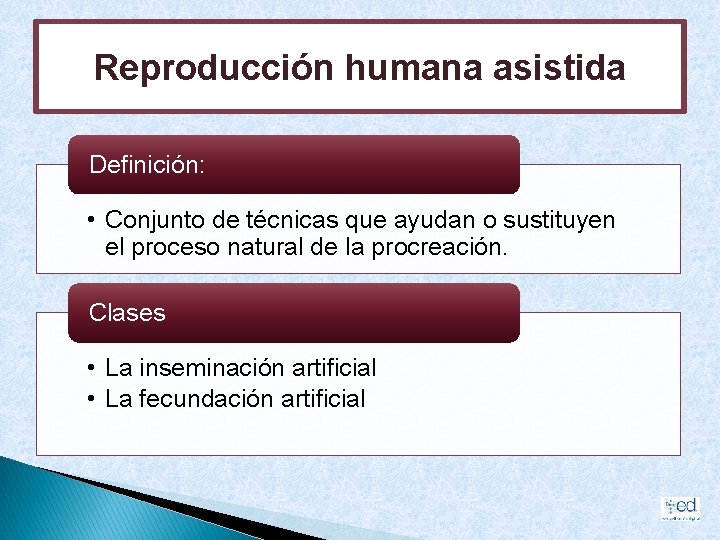 Reproducción humana asistida Definición: • Conjunto de técnicas que ayudan o sustituyen el proceso