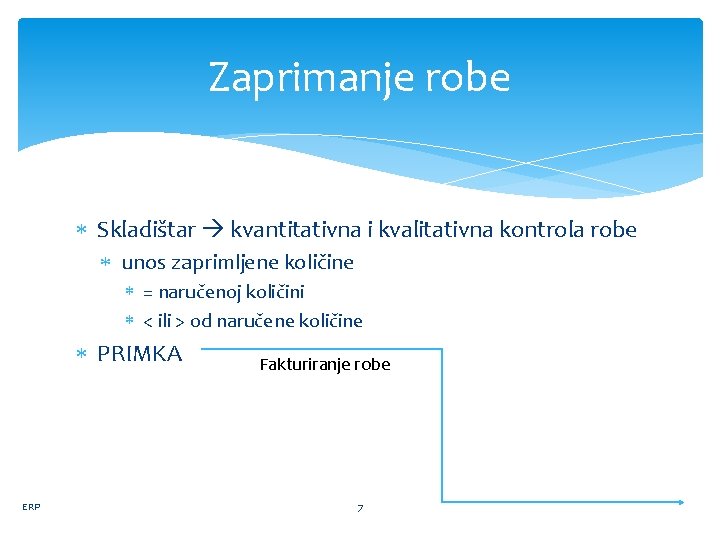 Zaprimanje robe Skladištar kvantitativna i kvalitativna kontrola robe unos zaprimljene količine = naručenoj količini