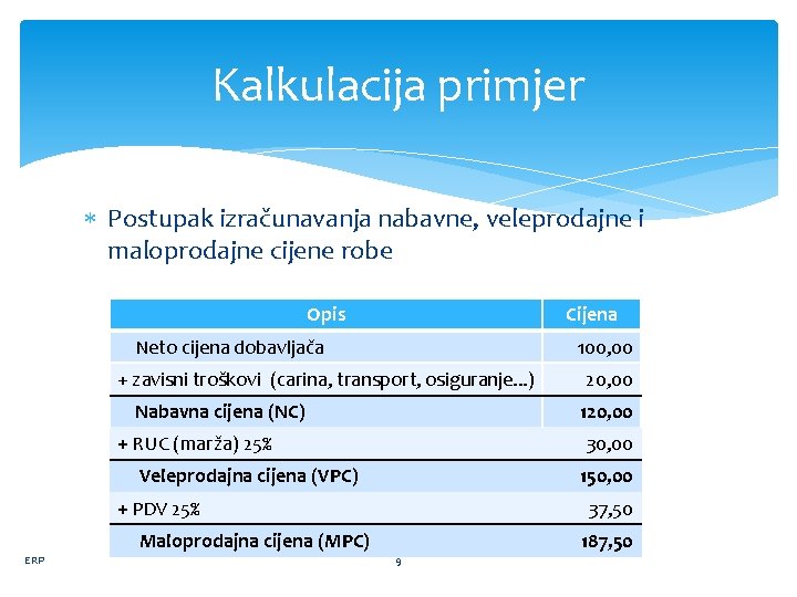 Kalkulacija primjer Postupak izračunavanja nabavne, veleprodajne i maloprodajne cijene robe Opis Cijena Neto cijena