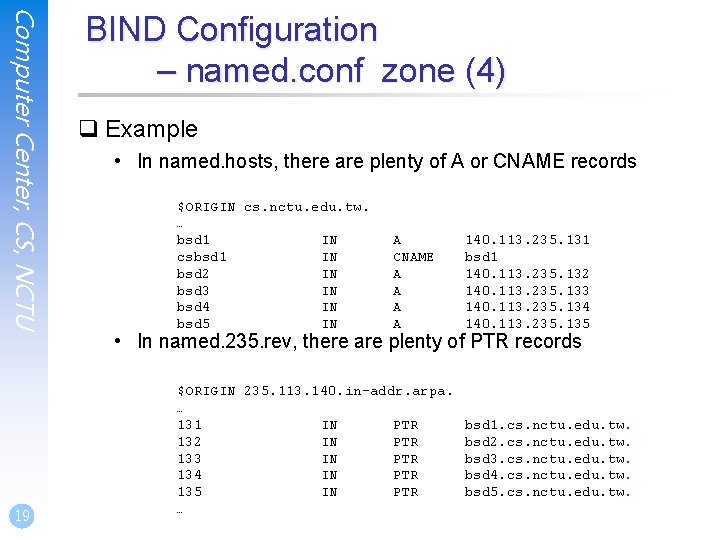 Computer Center, CS, NCTU BIND Configuration – named. conf zone (4) q Example •