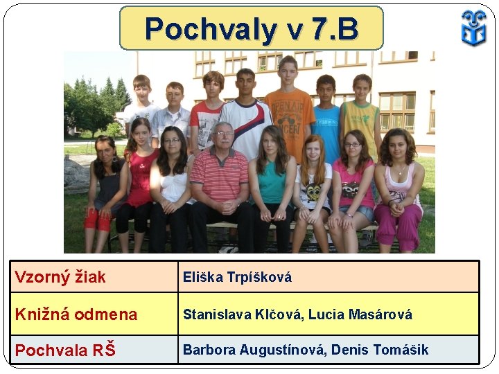 Pochvaly v 7. B Vzorný žiak Eliška Trpíšková Knižná odmena Stanislava Klčová, Lucia Masárová