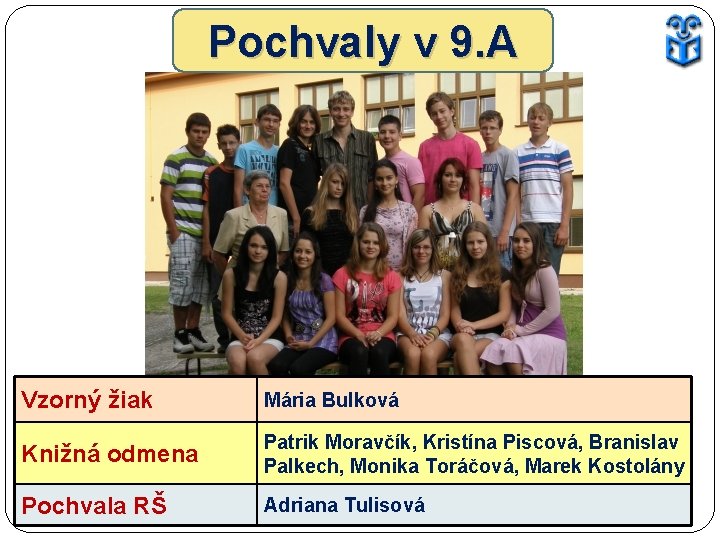 Pochvaly v 9. A Vzorný žiak Mária Bulková Knižná odmena Patrik Moravčík, Kristína Piscová,