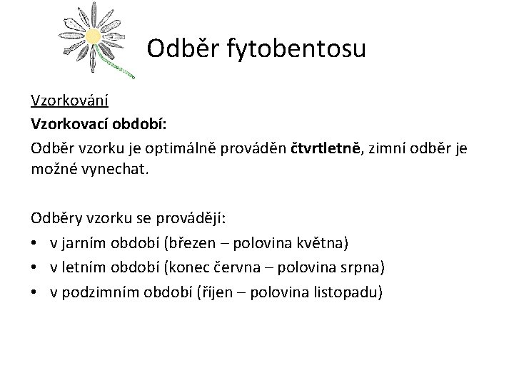 Odběr fytobentosu Vzorkování Vzorkovací období: Odběr vzorku je optimálně prováděn čtvrtletně, zimní odběr je