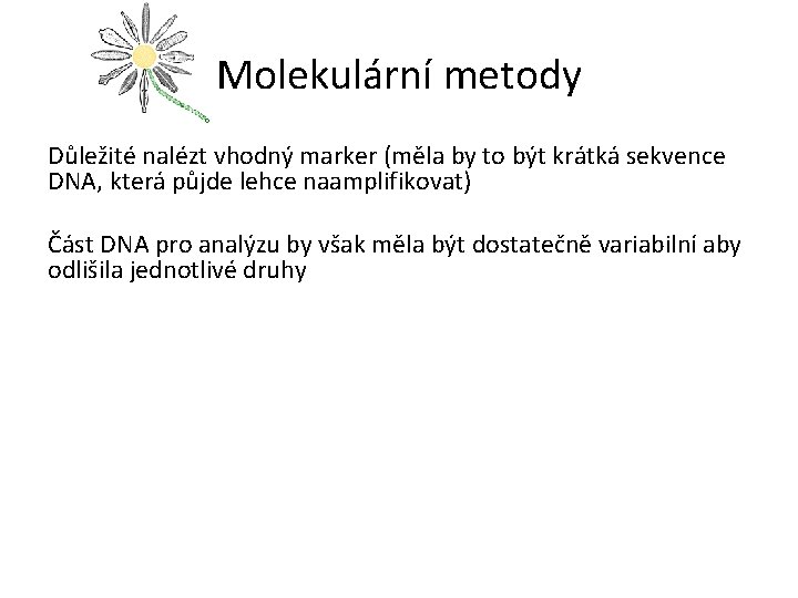 Molekulární metody Důležité nalézt vhodný marker (měla by to být krátká sekvence DNA, která