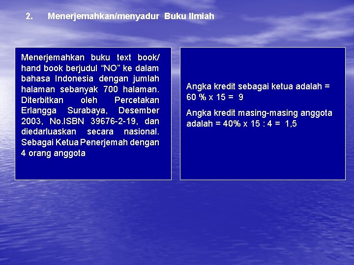 2. Menerjemahkan/menyadur Buku Ilmiah Menerjemahkan buku text book/ hand book berjudul “NO” ke dalam