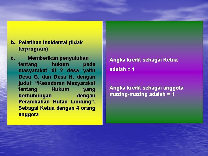 b. Pelatihan Insidental (tidak terprogram) c. Memberikan penyuluhan tentang hukum pada masyarakat di 2