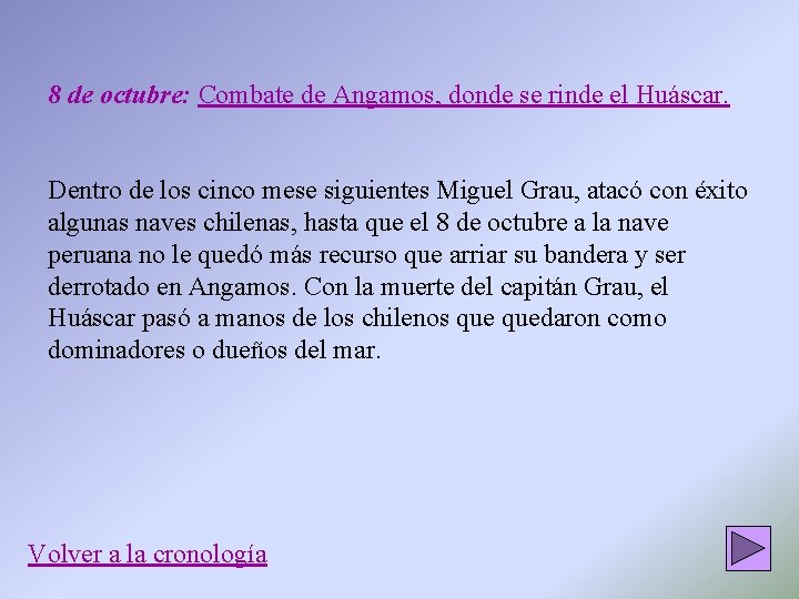 8 de octubre: Combate de Angamos, donde se rinde el Huáscar. Dentro de los