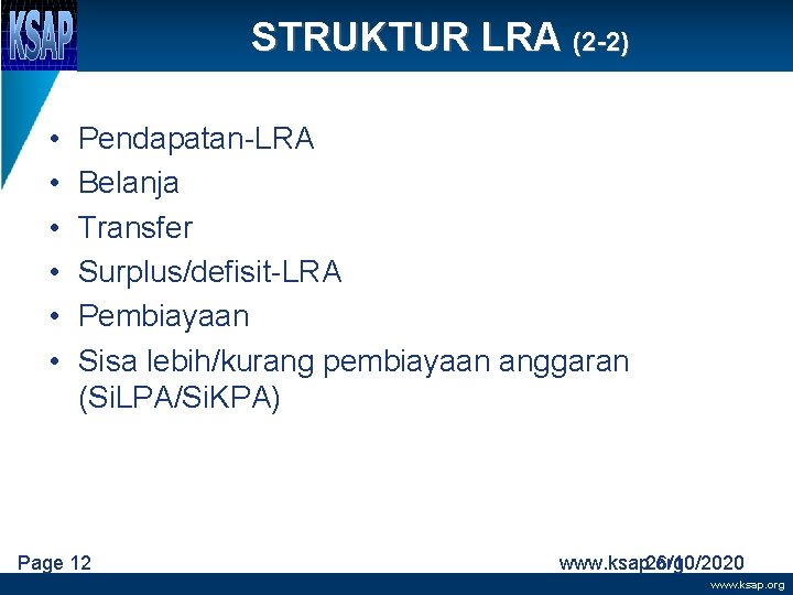 STRUKTUR LRA (2 -2) • • • Pendapatan-LRA Belanja Transfer Surplus/defisit-LRA Pembiayaan Sisa lebih/kurang