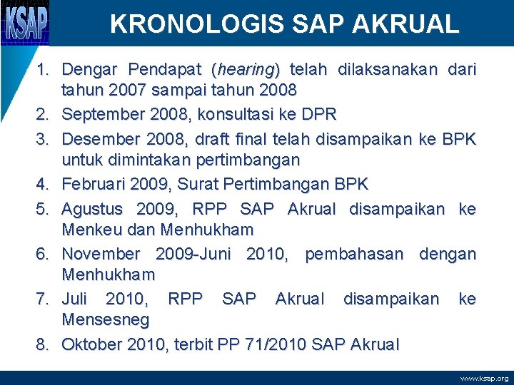 KRONOLOGIS SAP AKRUAL 1. Dengar Pendapat (hearing) telah dilaksanakan dari tahun 2007 sampai tahun