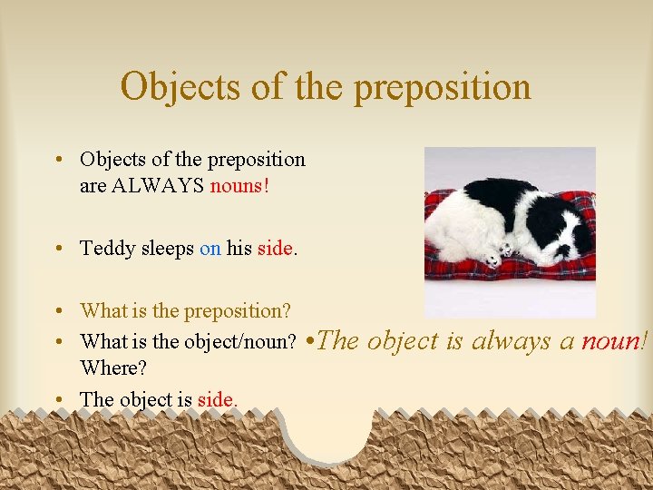 Objects of the preposition • Objects of the preposition are ALWAYS nouns! • Teddy
