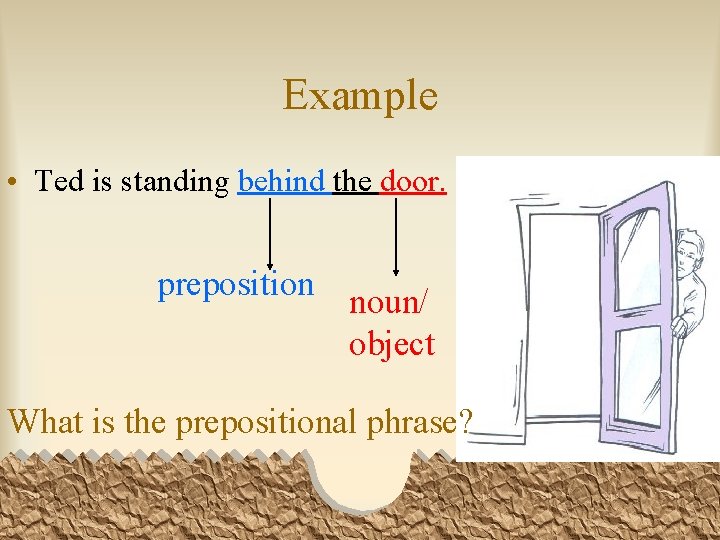 Example • Ted is standing behind the door. preposition noun/ object What is the