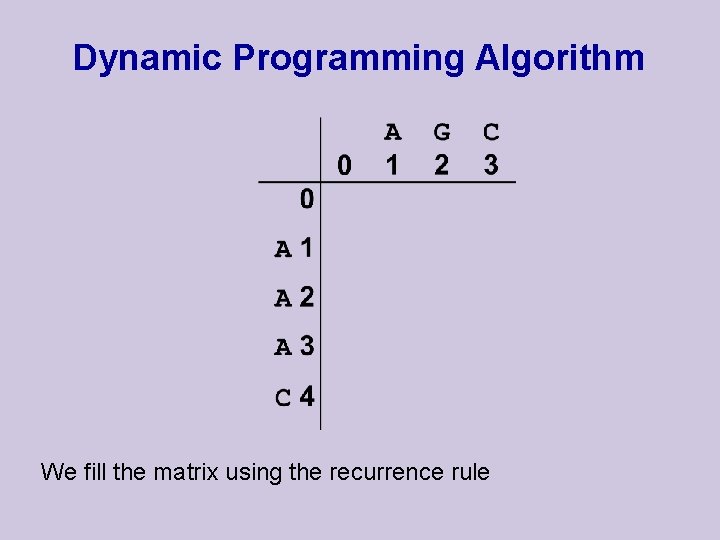 Dynamic Programming Algorithm We fill the matrix using the recurrence rule Dynamic Programming Algorithm We fill the matrix using the recurrence rule