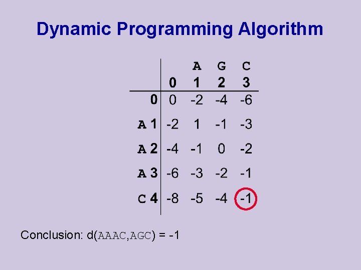 Dynamic Programming Algorithm Conclusion: d(AAAC, AGC) = -1 Dynamic Programming Algorithm Conclusion: d(AAAC, AGC) = -1