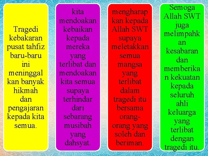 Tragedi kebakaran pusat tahfiz baru-baru ini meninggal kan banyak hikmah dan pengajaran kepada kita Tragedi kebakaran pusat tahfiz baru-baru ini meninggal kan banyak hikmah dan pengajaran kepada kita