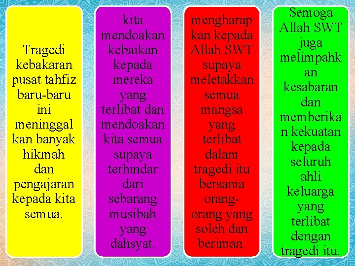 Tragedi kebakaran pusat tahfiz baru-baru ini meninggal kan banyak hikmah dan pengajaran kepada kita