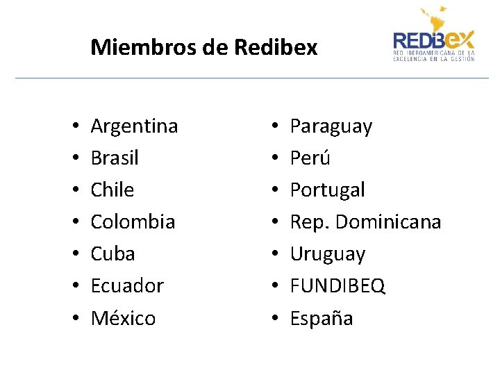 Miembros de Redibex • • Argentina Brasil Chile Colombia Cuba Ecuador México • •