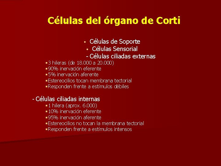 Células del órgano de Corti Células de Soporte • Células Sensorial - Células ciliadas