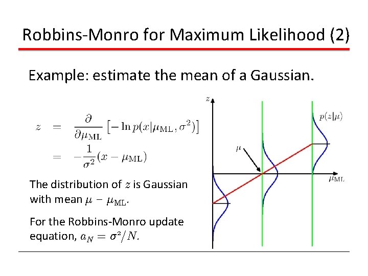 Robbins-Monro for Maximum Likelihood (2) Example: estimate the mean of a Gaussian. The distribution Robbins-Monro for Maximum Likelihood (2) Example: estimate the mean of a Gaussian. The distribution