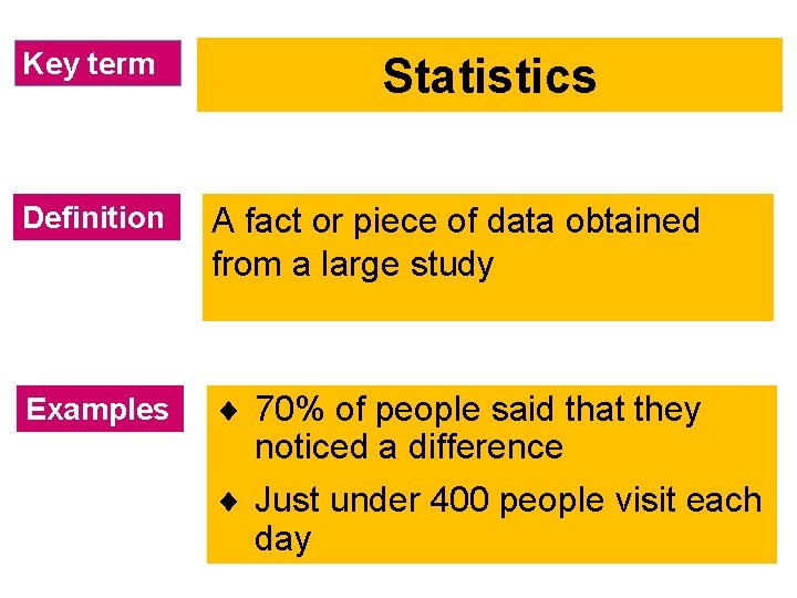 Key term Statistics Definition A fact or piece of data obtained from a large