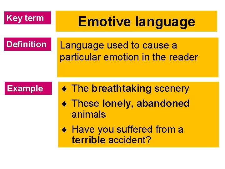 Key term Emotive language Definition Language used to cause a particular emotion in the