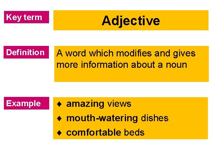 Key term Adjective Definition A word which modifies and gives more information about a