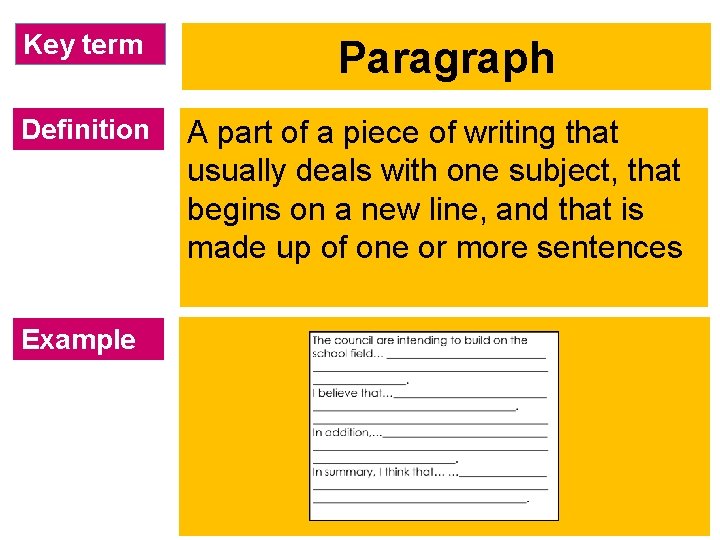 Key term Definition Example Paragraph A part of a piece of writing that usually