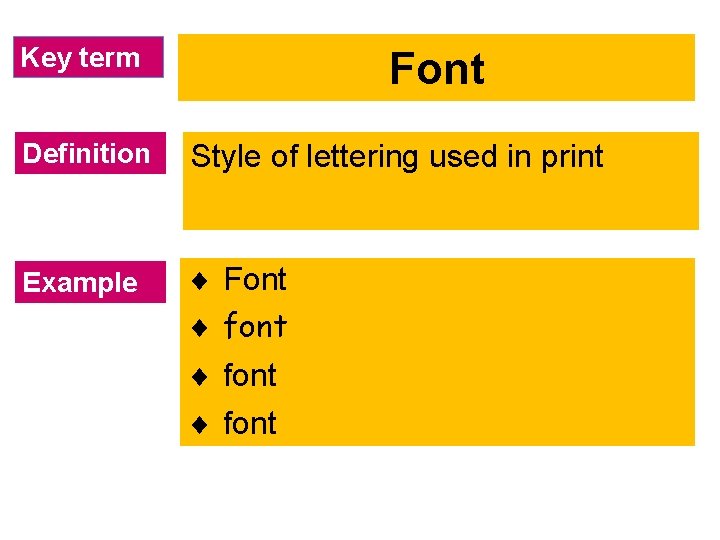 Key term Font Definition Style of lettering used in print Example ¨ ¨ Font