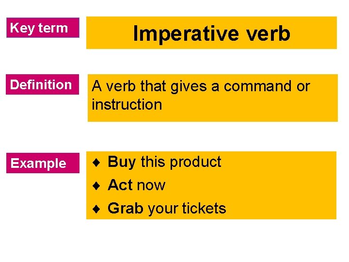 Key term Imperative verb Definition A verb that gives a command or instruction Example