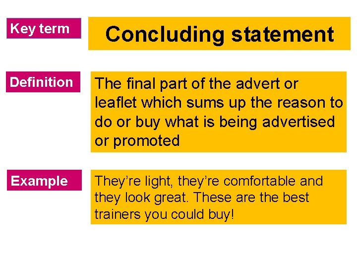 Key term Concluding statement Definition The final part of the advert or leaflet which