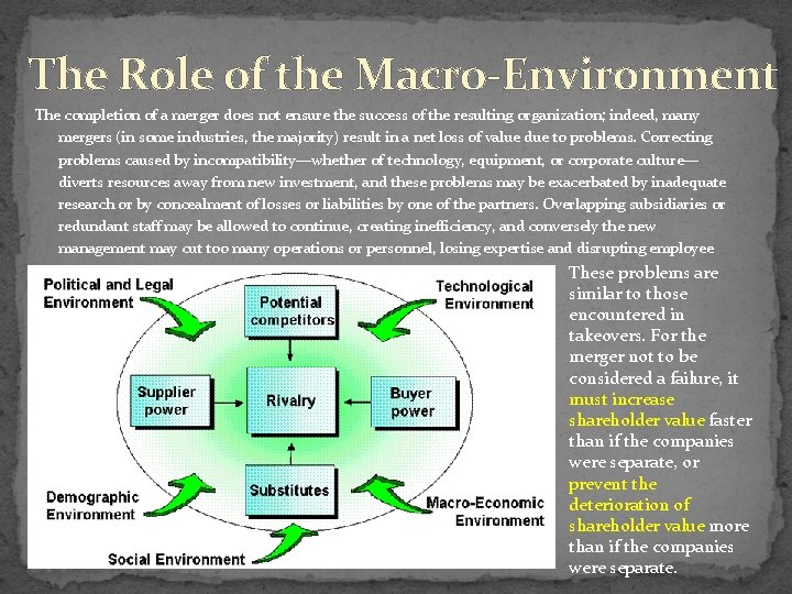 The Role of the Macro-Environment The completion of a merger does not ensure the