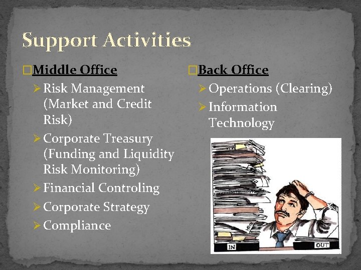 Support Activities �Middle Office Ø Risk Management (Market and Credit Risk) Ø Corporate Treasury