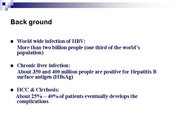 Back ground World wide infection of HBV: More than two billion people (one third