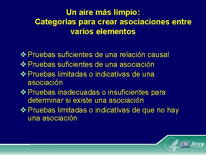 Un aire más limpio: Categorías para crear asociaciones entre varios elementos v Pruebas suficientes