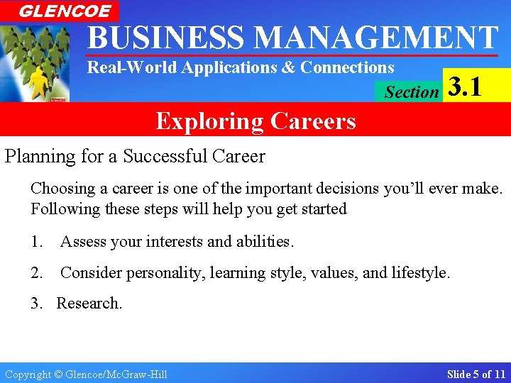 GLENCOE BUSINESS MANAGEMENT Real-World Applications & Connections Section 3. 1 Exploring Careers Planning for