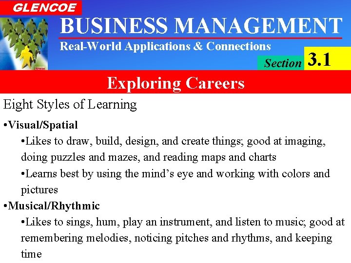 GLENCOE BUSINESS MANAGEMENT Real-World Applications & Connections Section 3. 1 Exploring Careers Eight Styles