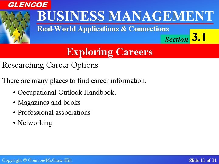 GLENCOE BUSINESS MANAGEMENT Real-World Applications & Connections Section 3. 1 Exploring Careers Researching Career