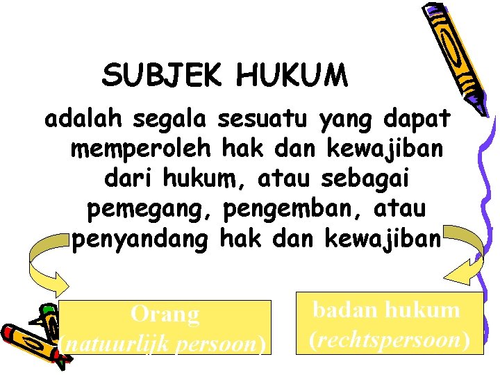 SUBJEK HUKUM adalah segala sesuatu yang dapat memperoleh hak dan kewajiban dari hukum, atau