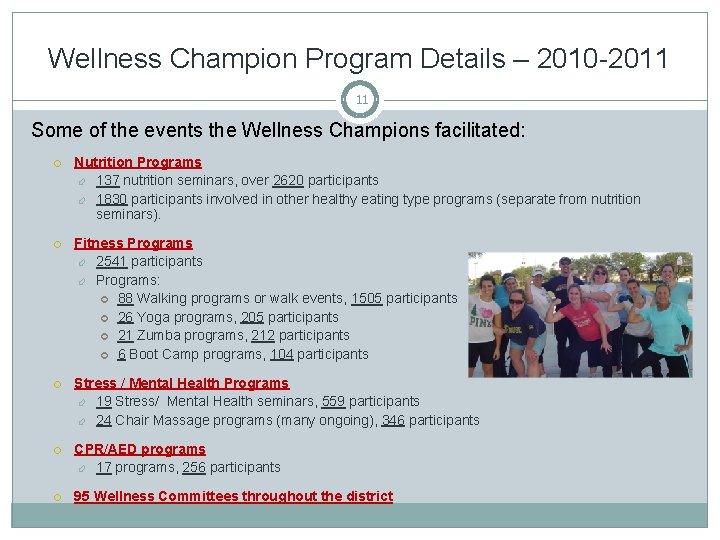 Wellness Champion Program Details – 2010 -2011 11 Some of the events the Wellness