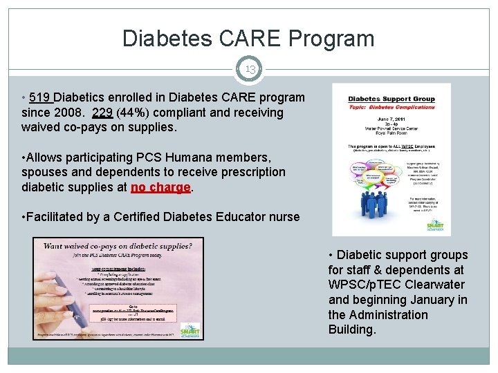 Diabetes CARE Program 13 • 519 Diabetics enrolled in Diabetes CARE program since 2008.
